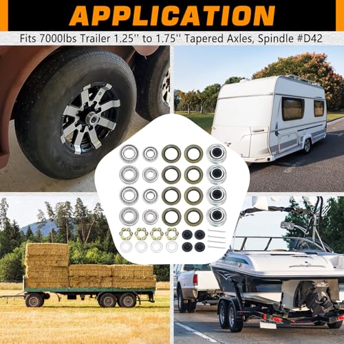4Sets 25580 14125A Trailer Hub Bearings Kit for 7000 lb D42 Axle | with 21333TB/10-10 22333TB/10-36 Grease Seals, 2.72'' Dust Caps, Cotter Pins, Castle Nuts & Washers, for #42 Tapered Spindle - size: 4Set 25580 14125A Bearing Kit