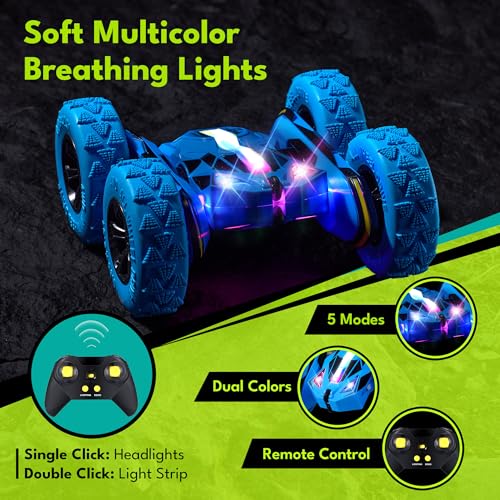 Threeking Remote Control Flip Stunt Car Double Sided Driving Crawler Toys | Quick-Swap Modular Battery Durable RC Cars with Auto Demo Breathing Soft Lights Gifts for Boys Girls Ages 6-12 - color: Blue
