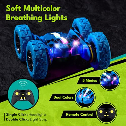 Threeking Remote Control Flip Stunt Car Double Sided Driving Crawler Toys | Quick-Swap Modular Battery Durable RC Cars with Auto Demo Breathing Soft Lights Gifts for Boys Girls Ages 6-12 - color: Blue