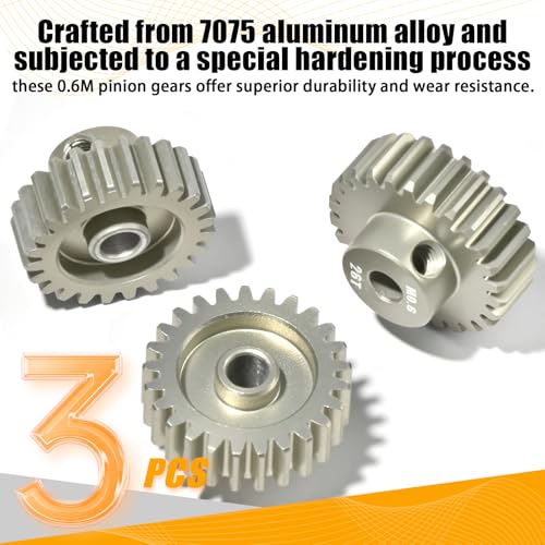 3PCS 0.6 Mod 0.6M Pinion Gear Set 24T 25T 26T, 7075 Aluminum Alloy with 3.175mm Bore for 540 550 Brushed Brushless Motors, Fits for 1/10 Tamiya Redcat HSP HPI RC Cars - size: 24 25 26T