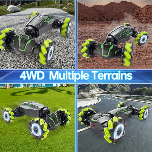 Remote Control Car for Boys, 4WD Gesture Sensing RC Stunt Car with Cool Music Light, 360° Rotating Flips Off-Road Vehicle Twist Car Toys for Kids Age 6-12 (Green) - color: L-green