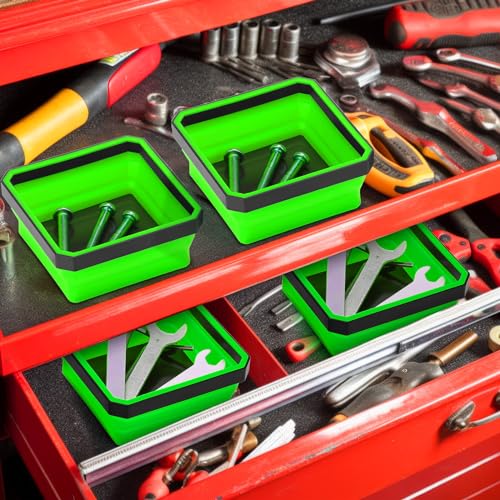Barydat 10 Pcs Magnetic Tool Tray Collapsible Foldable Parts Trays Set Magnetic Screw Tray Magnetic Parts Bowl Square Silicone Magnetic Tool for Bolts Nuts Washers Pins Screw Parts (Green) - color: Green