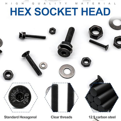 NINDEJIN M2 M3 M4 M5 Flat Head Socket Cap Screws Countersunk Bolts, Hex Drive, 12.9 Carbon Steel Screw, Full Thread, Black Oxide, 580PCS Metric Screw Bolts Nuts Washers Assortment Kit - size: 580Pcs M2-M5 8mm-20mm