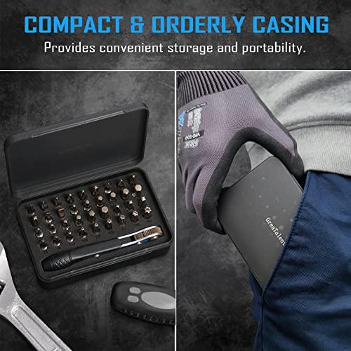 GreaTalent 37pc Mini Ratchet Wrench Screwdriver Bit Set with 1/4 inch S2 Steel Bits, 36-Tooth, Magnetic Bit Holder Quick Release, Low Profile 90 Degree Right Angle Offset Reversible Drive Handle | S2 Steel 1/4" Hex Shank Magnetic Bit Holder, 36-Tooth Gear