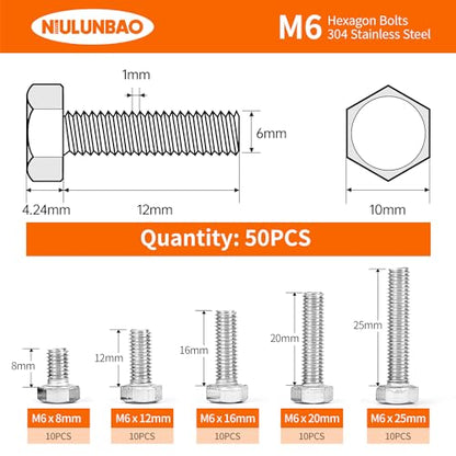 M6 x 8mm 12mm 16mm 20mm 25mm Heavy Duty Hexagon Bolts Hex Head Screws, 304 Stainless Steel, Metric, Machine Fully Thread, Bright Finish, Assortment Kit 50PCS - size: M6 x 8/12/16/20/25mm (50PCS)