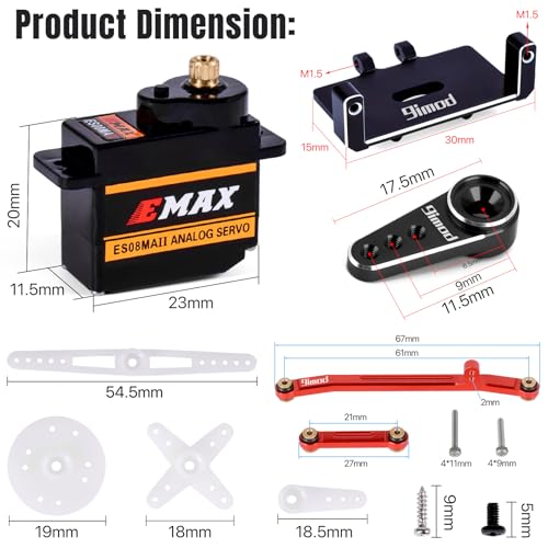 EMAX Steering Servo for SCX24 with Servo Mount and Horm Steering Link | SCX24 Servo Metal Gear ES08MAII Servo with Brass Mount for RC Car Boat SCX24 Upgrade Parts - color: Red