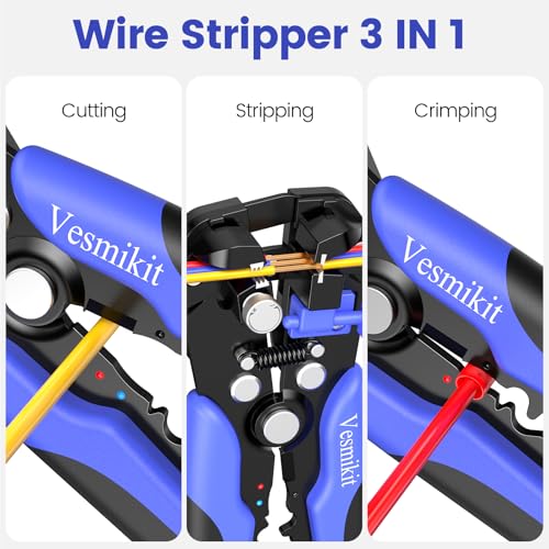 Wire Stripper and Crimping Tool,AWG 24-10 Automatic Stripper Tool with AWG 22-10 Ratchet Wire Crimper For Heat Shrink Connectors and Insulated Terminals, 3 in 1 Stripping/Cutting/Crimping