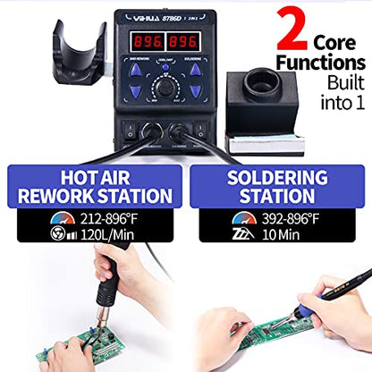 YIHUA 8786D I 2 in 1 Hot Air Rework and Soldering Iron Station with 10 Solder Iron Tips, 4 Hot Air Nozzles, °F /°C, Cool/Hot Air Conversion and Sleep Function