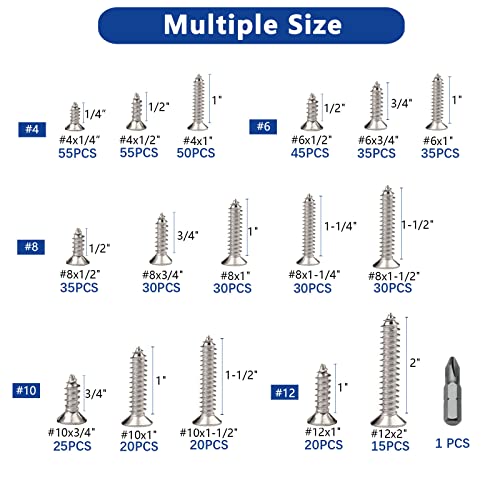 530Pcs Stainless Steel Wood Screws Set #4#6#8#10#12 Phillips Flat Head Sheet Metal Screw Self Tapping Screws Assortment Kit, Length 1/4" to 2" - color: Flat Head - 304 Stainless Steel - 530pcs