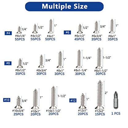 530Pcs Stainless Steel Wood Screws Set #4#6#8#10#12 Phillips Flat Head Sheet Metal Screw Self Tapping Screws Assortment Kit, Length 1/4" to 2" - color: Flat Head - 304 Stainless Steel - 530pcs
