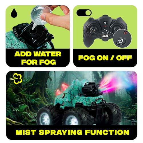 BEZGAR Monster Truck Toys, RC Cars with Mist Spray & Light, Two Batteries | Cyan Dinosaur Toys, 360° Stunt Spins RC Truck with Music, 4WD Remote Control Car for Boys 4-7, 40+ Mins Battery Life - color: Cyan