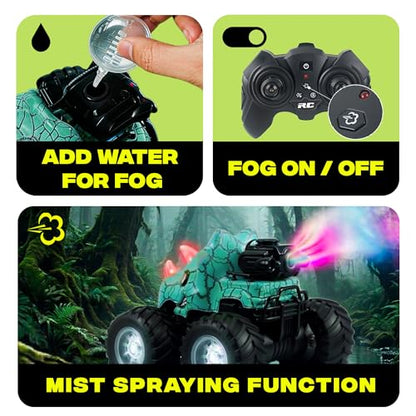 BEZGAR Monster Truck Toys, RC Cars with Mist Spray & Light, Two Batteries | Cyan Dinosaur Toys, 360° Stunt Spins RC Truck with Music, 4WD Remote Control Car for Boys 4-7, 40+ Mins Battery Life - color: Cyan