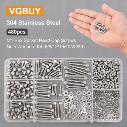 VGBUY 480pcs M4 Screws Assortment, M4 Screws (7 Sizes 6-30mm) for 3D Printer DIY, Hex Socket Head Cap Screw Bolts Nuts Washer Kit, 304 Stainless Steel, 6/8/12/16/20/25/30mm - size: M4x6/8/12/16/20/25/30mm, style: Socket Head