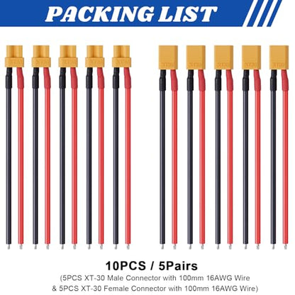 5 Pairs XT30 Connector Plug Cable, XT30 Pigtail, Male and Female Plug Cable, XT30 Connector Adapter with 10cm 16AWG Silicone Wire for RC Lipo Battery FPV Racing Drone Car Boat - size: XT30-10cm 16AWG