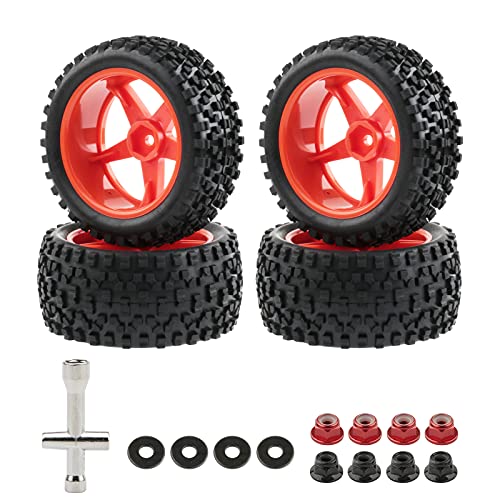 1/10 Buggy Tires & Wheels Set - Front & Rear Different Sizes 12mm Hex Red 5-Spoke Rims, Compatible with Traxxas Bandit, Redcat, Tamiya - Includes Lock Nuts, Washers & Wrench