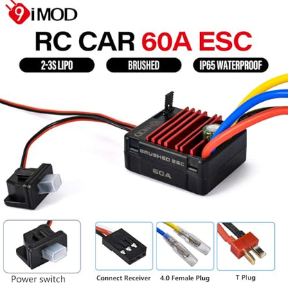 2026 New 60A Waterproof Brushed ESC 2-3S Electronic Speed Controller WP 1060 RC ESC Brushed with Power Witch for 1/10 Scale RC Crawler Car,Boats,Truck (T-Plug) - color: Black-red