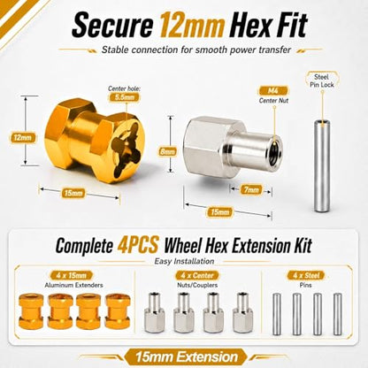 4PCS 12mm Hex Hub 15mm Aluminum Extension Hex for Axial SCX10 D90 90046 | 15mm CNC Wheel Hex Extenders for 1/10 RC Crawlers Redcat Gen7/Gen8 CC01 RC4WD Wider Stance & Tire Clearance with M4 Nuts Pins - color: Gold