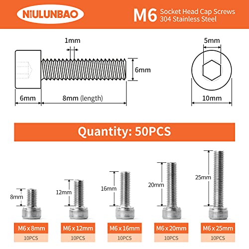 M6 x 8mm 12mm 16mm 20mm 25mm Hex Socket Head Cap Screws Bolts 304 Stainless Steel Metric Machine Allen Hex Drive, Fully Threaded, Assortment Kit 50PCS - size: M6 x 8/12/16/20/25mm (50PCS)
