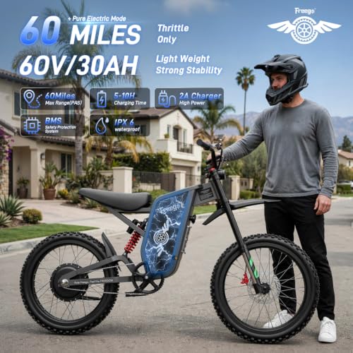 Freego X2Pro Electric Motorcycle for Adults Teens,Electric Dirt Bike Teens 6000W(Peak) Motor 1800Wh Battery,Max 50Mph Off Road Electric Bicycle,Full Suspension UL 2849 Certified - color: Blue