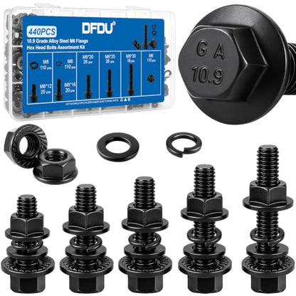 440PCS M6 Flange Bolt Assortment Kit with Nut Washer 10.9 Alloy Steel | Metric Black Zinc Plated Hex Head Screws Set, M6-1.0 X 12/16/20/25/30mm for DIY Repairs, 3D printers, RC cars, Drones - size: G10.9 M6 440PCS