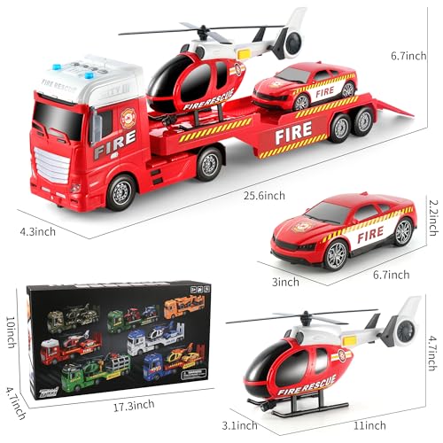 Dwi Dowellin 25.6" Semi Truck Toy with Racing Car and Helicopter for Kids Toddlers - Fire Toys,Birthday Gifts for Boy Toddler Child 2 3 4 5 6 Years Old - style: Fire Truck