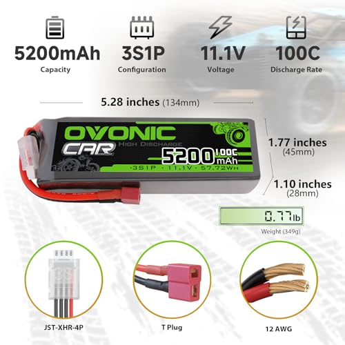 OVONIC Lipo Battery 3S 11.1V 100C 5200mAh Soft Case Battery with Dean-Style T Connector for RC Car Boat Truck Helicopter Airplane Racing Models(2 Pack)