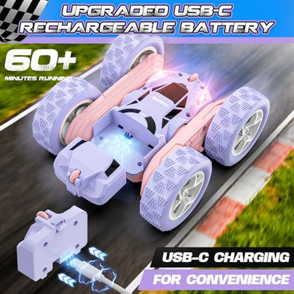 cosone Pink Purple RC Stunt Car for Kids | 360° Rotating Tricks, Double-Sided Driving, LED Lights, USB-C Rechargeable Battery, One-Click Demo - color: Purple&pink Pro