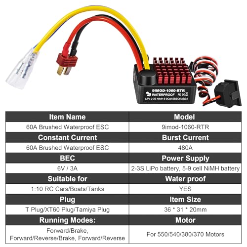 WP 1060 2-3s 60A Brushed ESC [T Plug] Waterproof Brushed Electronic Speed Controller with Switch Mode BEC, RC ESC for 1/10 Scale RC Crawler Car Trucks - color: Black-red
