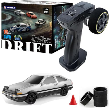 1/43 Mini RC Drift Car 2.4GHz AE86 RTR Full Proportional Remote Control Cars 4WD High Speed Racing Lights Kit and Racing Tires (4306) - color: Silvery-black