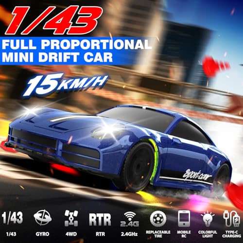 1/43 RC Drift Car, Mini Drifting RC Car with Gyro 2.4GHz Full Proportional Drift Cars 4WD RTR Remote Control Cars with Colorful Lights High Speed Fast Racing Vehicle Gift for Kids Boys Adults - color: Blue B