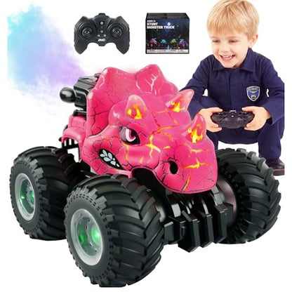 BEZGAR 1:18 Scale Monster Truck Toys, 4WD RC Cars with Music, Mist Spray & LED Light, 360° Stunt Spins RC Truck Dinosaur Toys, Remote Control Car for Boys 4-7(Pink) - color: Pink