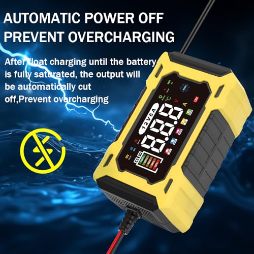 6-Amp 12V Smart Car Battery Charger, Battery Maintainer Trickle Charger with Desulfator, Pulse Repair & Overcharge Protection - for Car Lawn Mower Marine Lead-Acid Batteries (Yellow) - color: Yellow