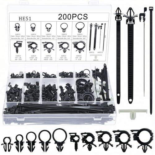 Craedli 200PCS Car Wire Loom Routing Clips Assortment, Nylon 15 Different Sizes Car Wire Harness Clip Kit, Universal Automotive Push Mount Cable Tie Replacement Parts for Most Vehicles (Black)