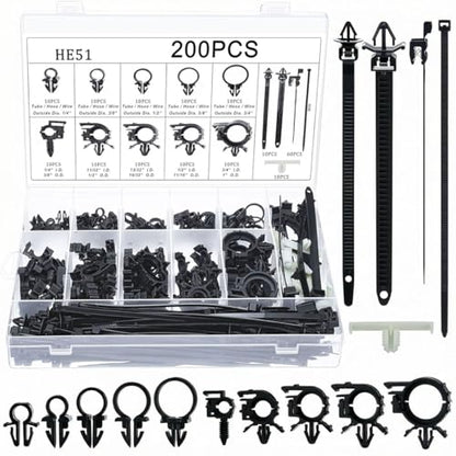 Craedli 200PCS Car Wire Loom Routing Clips Assortment, Nylon 15 Different Sizes Car Wire Harness Clip Kit, Universal Automotive Push Mount Cable Tie Replacement Parts for Most Vehicles (Black)