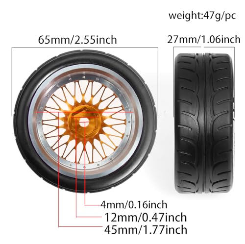 4PCS/Set 64mm Rubber Tires & Aluminum Alloy Wheels Rims Replacement Part for 1/10 RC On-Road Touring Car Racing Car (Gold) - color: Gold