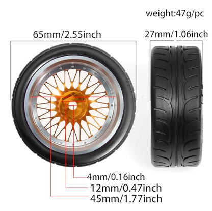 4PCS/Set 64mm Rubber Tires & Aluminum Alloy Wheels Rims Replacement Part for 1/10 RC On-Road Touring Car Racing Car (Gold) - color: Gold