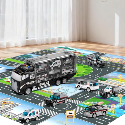 NIPLOOOW Toddler Boys Toys for 3 4 5 6 Years Old, Police Truck Vehicle Toy Set with Play Mat and Die-Cast Toy Car, Transport Carrier Truck for Kids, Birthday Gifts Toys for 3 4 5 6 7 8+ Year Old Boys - style: Police truck
