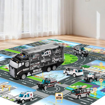 NIPLOOOW Toddler Boys Toys for 3 4 5 6 Years Old, Police Truck Vehicle Toy Set with Play Mat and Die-Cast Toy Car, Transport Carrier Truck for Kids, Birthday Gifts Toys for 3 4 5 6 7 8+ Year Old Boys - style: Police truck