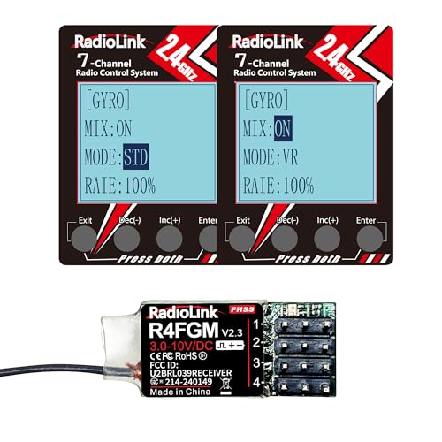 Radiolink 2.4Ghz R4FGM V2.3 RC Receivers 2pcs 4 Channels Integrated Gyro, Mini Size Receiver for 1:28 Scale Car/Boat, Works for Remote RC8X/RC4GS V3/RC6GS V3/T8S/T8FB/T12D/T16D