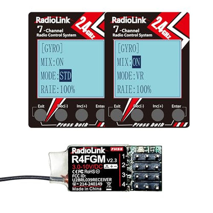 Radiolink 2.4Ghz R4FGM V2.3 RC Receivers 2pcs 4 Channels Integrated Gyro, Mini Size Receiver for 1:28 Scale Car/Boat, Works for Remote RC8X/RC4GS V3/RC6GS V3/T8S/T8FB/T12D/T16D