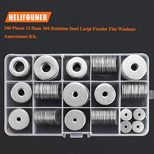HELIFOUNER 240 Pieces 15 Sizes 304 Stainless Steel Large Fender Washer Assortment Kit (M3 M4 M5 M6 M8 M10 M12) - size: M3-M12