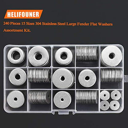 HELIFOUNER 240 Pieces 15 Sizes 304 Stainless Steel Large Fender Washer Assortment Kit (M3 M4 M5 M6 M8 M10 M12) - size: M3-M12