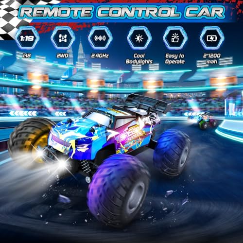 Rcjoyou Remote Control Car, 2WD Off-Road Rc Truck, 20 KM/H All-Terrain RC Cars with Headlights & Body Lights, 2.4GHz, 2 Batteries, Remote Control Car for Boys 4-7 8-12, Gift Toys for Boys Girls