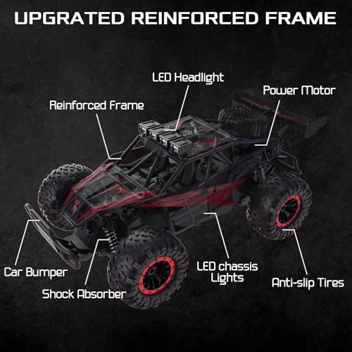 1:16 Scale Remote Control Car, 20 Km/h High Speed Remote Control Truck Off Road RC Monster Vehicle with LED Headlights and Chassis Lights, Electric Toy for Boys Kids and Adults - color: Crimson Thunder