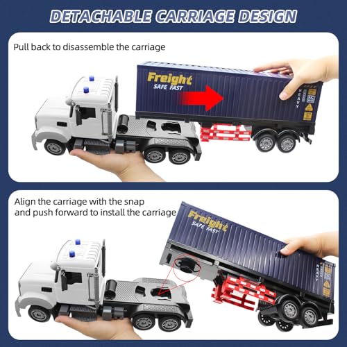 Mostop RC Semi Truck with Trailer, 23.6 Inch Remote Control Semi Truck Toy for Kids 3-8, 1:24 Scale Container Carrier Transport Vehicle with 2 Batteries, LED Lights & Sounds, Birthday Gift for Boys