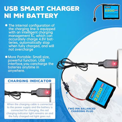 4.8V 2200mAh AA NiMH Battery SM-2P Plug with USB Charger Remote Control Toy Car Battery for SY-E511 RC Excavator, E562 TD141 RC Vehicle, Truck, and Off-Road Vehicle Batteries