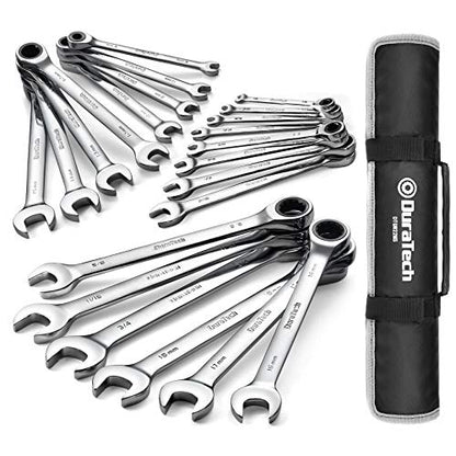 DURATECH 22-Piece Ratcheting Wrench Set, Combination Wrench Set, Metric&SAE | 1/4" to 3/4" & 6mm-18mm, CR-V Steel, Mirror Finish, for Auto & Machinery Repair, Home Maintenance, Portable Pouch Included - style: Regular