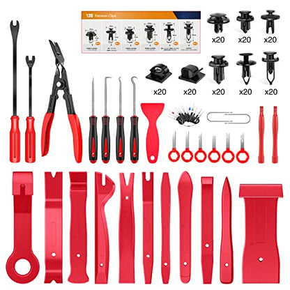 GOOACC 200Pcs Auto Trim Removal Tool and Push Pin Retainer Clip Set | Fastener Terminal Remover Adhesive Cable Clips Round Handle Crowbar Kit Car Panel Radio Auto Clip Pliers - color: 120Pcs Clips +80 Remover