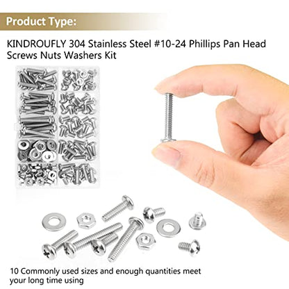 142 Pieces #10-24x 1/4", 5/16", 3/8", 1/2", 5/8", 3/4", 1", 1-1/4", Phillips Pan Head Machine Screws Nuts Washers Assortment Kit, 304 Stainless Steel, Fully Machine Thread - size: #10-24