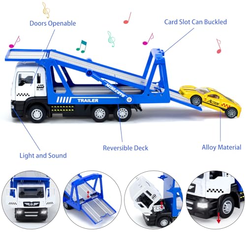 Toy Trucks, Pull Back Transport Truck Toys with 2Pcs Diecast Cars | Lights & Sounds, Alloy Truck with Trailer Transporter Vehicles Set, Toy Trucks for Toddlers Boys 3 4 5 6 7 8 Years Old Gift - style: Transporter Truck